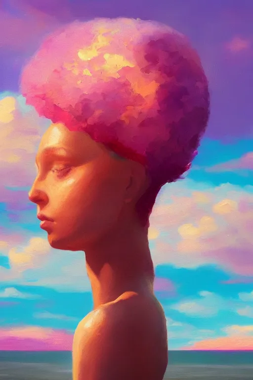 Image similar to closeup, giant lilac head, girl on beach, surreal photography, golden hour, colorful clouds, impressionist painting, digital painting, artstation, simon stalenhag