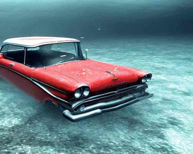 Image similar to red 1 9 5 8 plymouth fury submerged under water, cinematic, photoreal, by red dead redemption 2