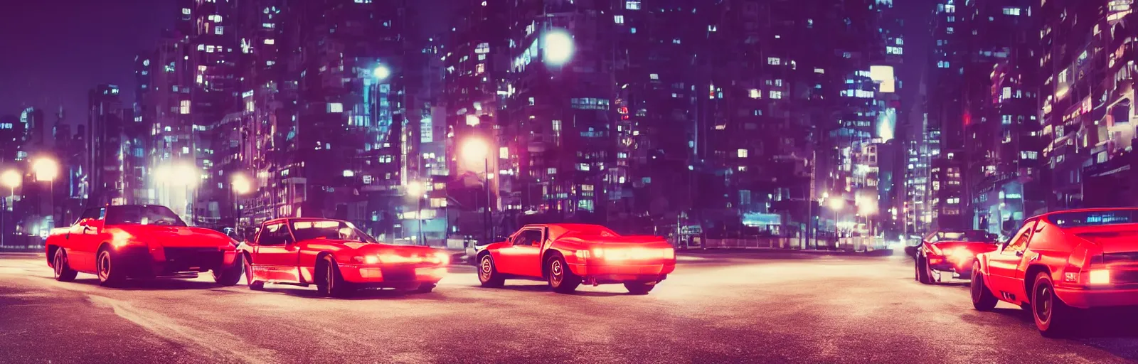 Image similar to two 80s sports cars one red and one white, racing on a deserted city street at night time, purple lighted street, wide angle, cinematic, retrowave vibes, grainy, soft motion blur, VHS Screencap