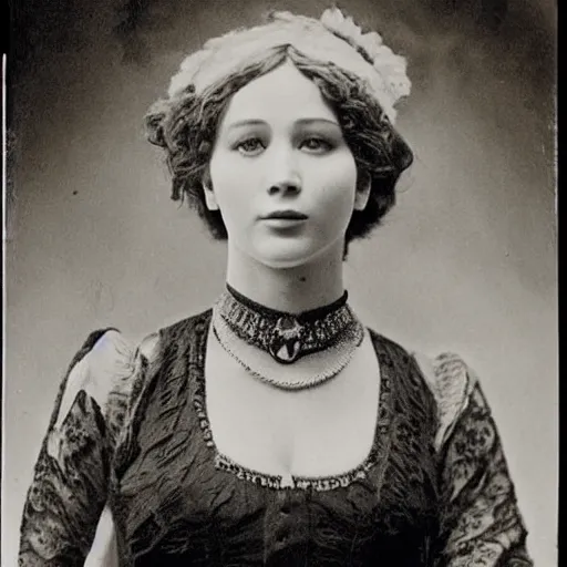 Image similar to victorian photograph of grace jennifer lawrence, lilly collins, 1 8 9 0 s photography, 1 9 0 0, realistic face, symmetrical face, studio photograph, grainy, edwardian, old photo