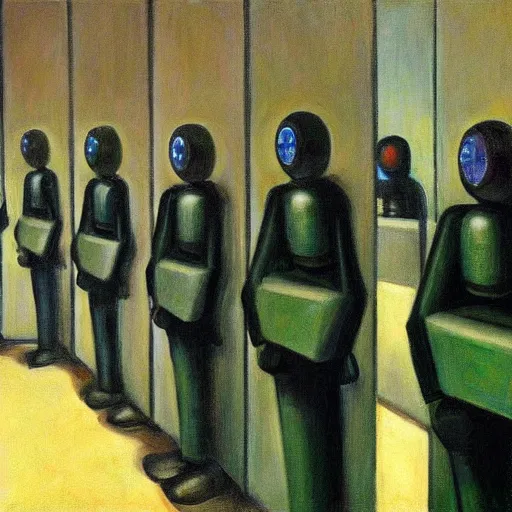 Prompt: robot bishop guards, endless cubicles, end times, grant wood, pj crook, edward hopper, oil on canvas