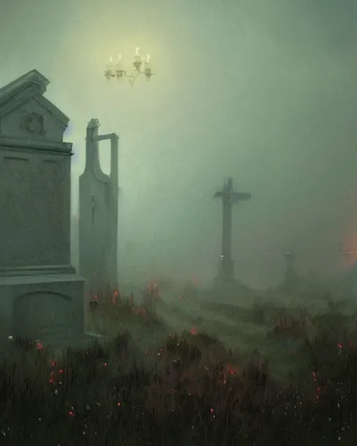 Image similar to a highly detailed epic cinematic concept art CG render digital painting artwork: Cemetery in fog. By Greg Rutkowski, in the style of Francis Bacon and Syd Mead and Norman Rockwell and Beksinski, open ceiling, highly detailed, painted by Francis Bacon and Edward Hopper, painted by James Gilleard, surrealism, airbrush, Ilya Kuvshinov, WLOP, Stanley Artgerm, very coherent, triadic color scheme, art by Takato Yamamoto and James Jean