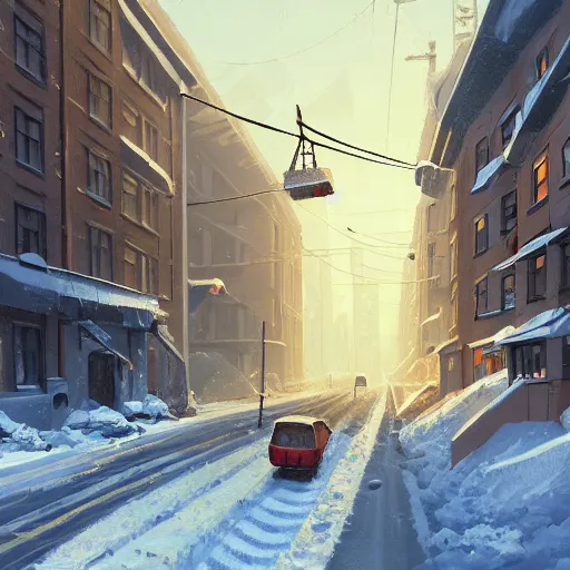 Image similar to a snow covered street with buildings and power lines, concept art by Simon Stålenhag, cgsociety, plein air, concept art, artstation hq, matte drawing