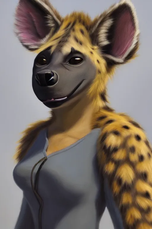 Image similar to oil painting of anthromorphic female hyena, in style of zootopia, female fursona, furry, furaffinity, 4 k, deviantart, furry art, fursona art, wearing black business suit, business suit, hyena fursona, female, smug expression,