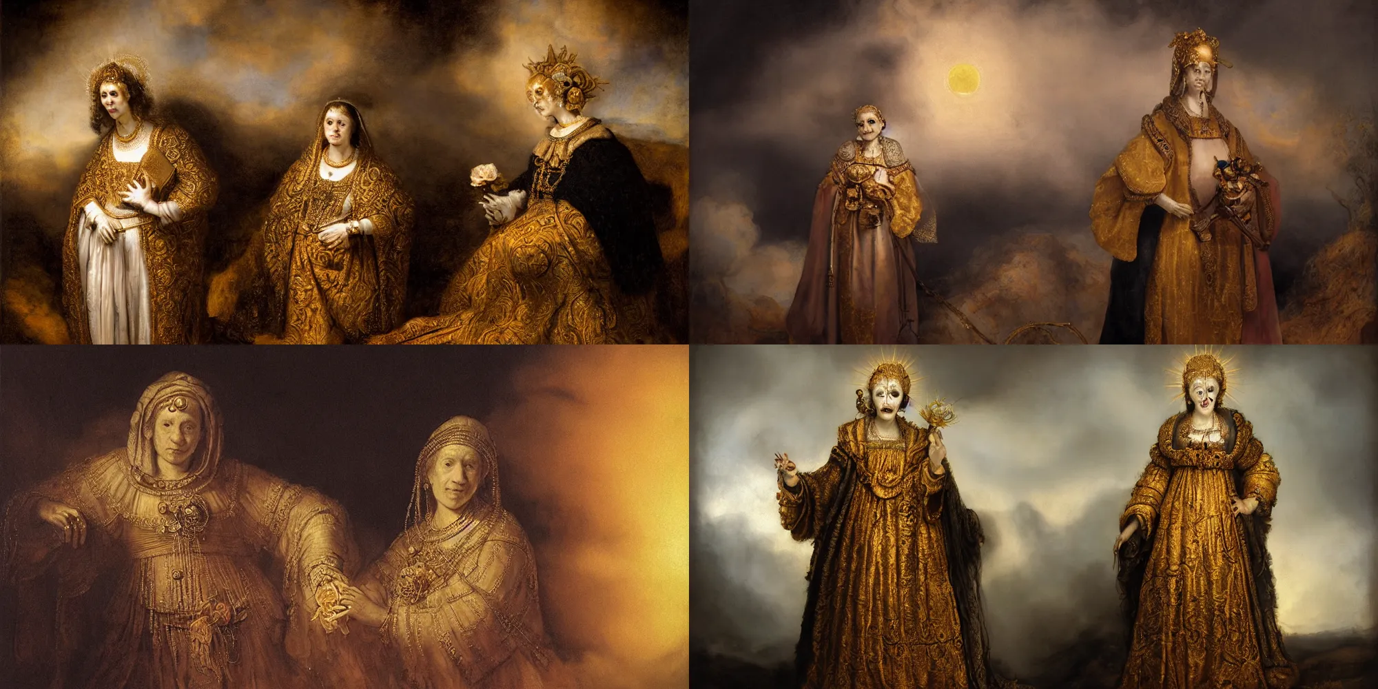 Prompt: rembrandt style. golden metalic female with skull face, wearing white and black virgin mary robe with an aureola made of gold and pearls over the head, holding a rose in a hand, with warm backlight behind a whirlpool of clouds forming acircular background. sunset light. beneath there's a barren land with serpents. apocalyptic. low angle.