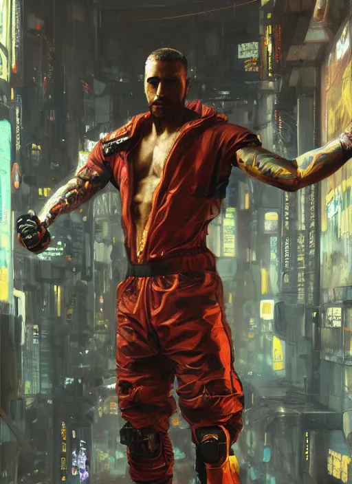 Image similar to cyberpunk olympic kickboxer with robotic arms wearing a jumpsuit ( blade runner 2 0 4 9, cyberpunk 2 0 7 7 character design ). orientalist portrait by john william waterhouse and james gurney and theodore ralli and nasreddine dinet, oil on canvas. cinematic, hyper realism, realistic proportions, dramatic lighting, high detail 4 k