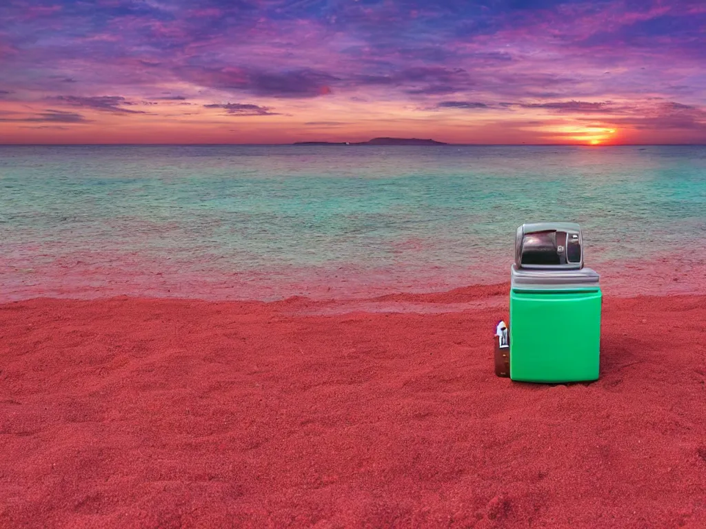 Image similar to purple refrigerator, red sand beach, green ocean, nebula sunset