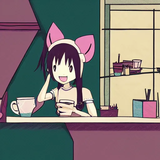 Image similar to anime cute girl with cat ears and cat tail sitting in a cafe looking at camera, moescape, studio ghibli, digital art, clean lines, cartoon