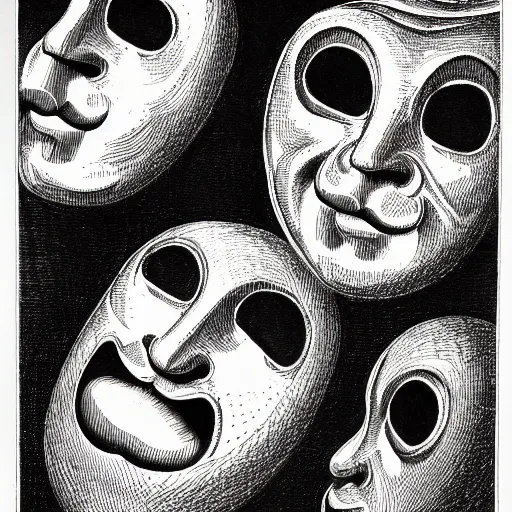 Prompt: an ink drawing of cracked comedy and tragedy theater masks, elaborate detail