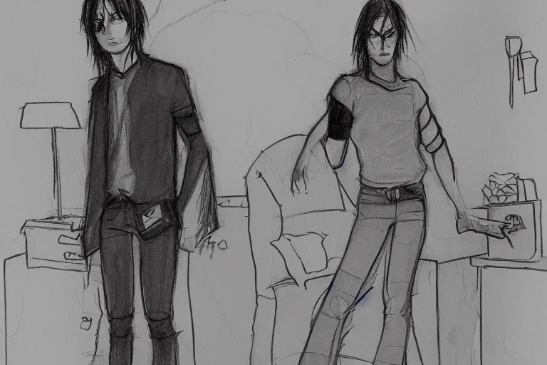 Image similar to single line sketch of goth guy standing in a cluttered 9 0 s bedroom, full body character concept art, scribble sketch, small details,