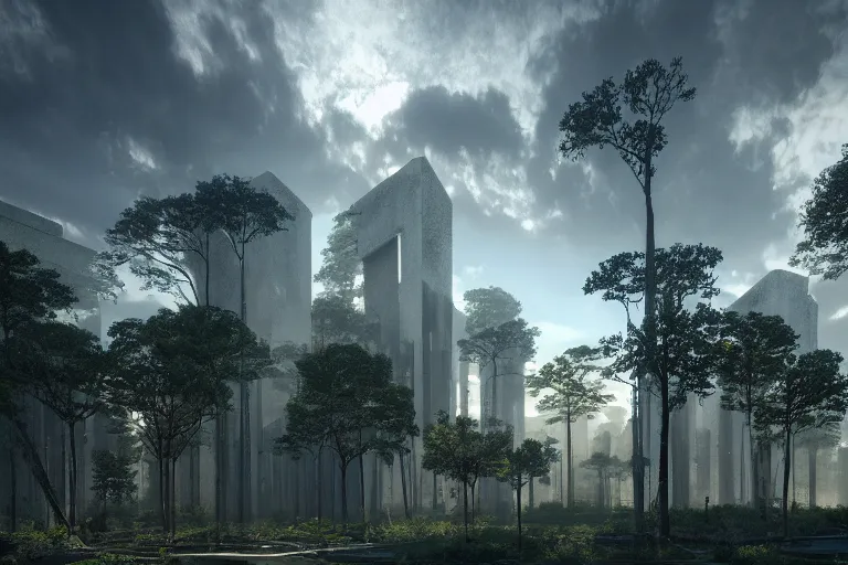 Prompt: a forest, futuristic artificial trees of brutalist architecture, trees covered with greebles, stunning volumetric light, sunset, metal, concrete and wood material, stunning skies, majestic landscape, trending on artstation, 8 k, photorealistic, hyper detailed, unreal engine 5, imax quality, cinematic, epic lighting, in the style of greg rutkowski