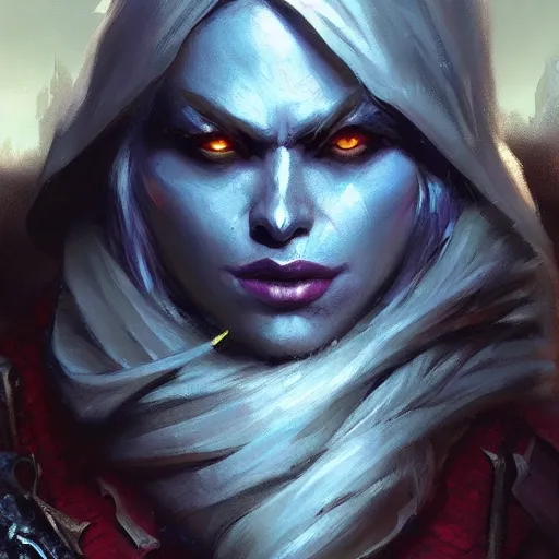 Image similar to closeup portrait of a drow warrior, dungeons and dragons character, dramatic lighting, castle background, gorgeous view, realistic, high detail, digital art, painted by greg rutkowski, painted by jeremy mann, trending on artstation