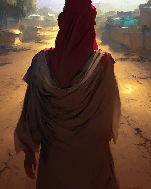 Image similar to beautiful bedouin walking to mosque, detailed portrait, cell shaded, 4 k, vivid colours, concept art by wlop, ilya kuvshinov, artgerm, krenz cushart, greg rutkowski, pixiv. cinematic dramatic atmosphere, sharp focus, volumetric lighting, cinematic lighting, studio quality