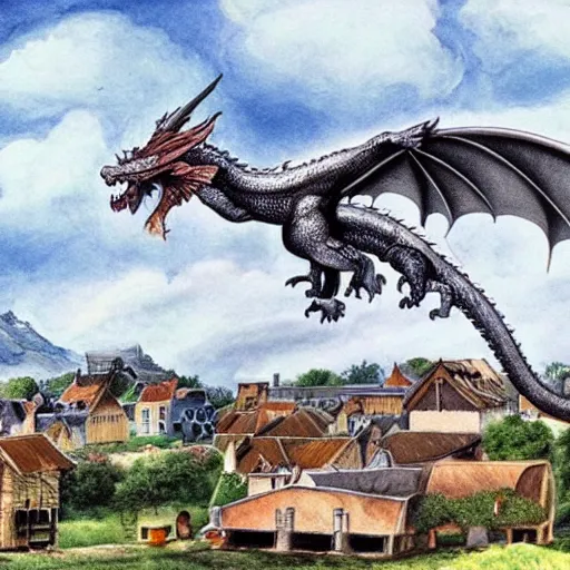 Image similar to dragon flying over village