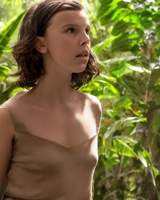 Prompt: Millie Bobby Brown in a jungle of lightning