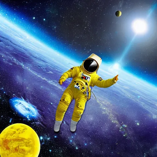 Image similar to astronaut in space, galactic background reflections on suit on one side and a yellow planet on the other side