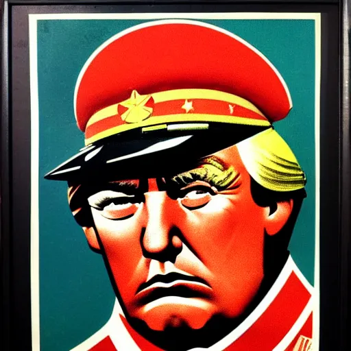 Image similar to ussr propaganda art demonstrating red army soldier looking as donald trump in world war two, pop art, detailed face