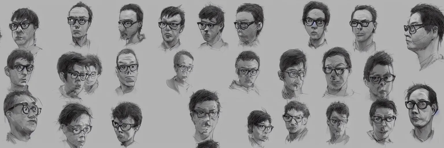 Prompt: character faces, realistic todd solondz walking, clear todd solondz face, glasses, geek, character sheet, fine details, concept design, contrast, kim jung gi, greg rutkowski and francis bacon, trending on artstation, 8 k, emotional, face turnaround, front view, back view, side view, ultra wide angle