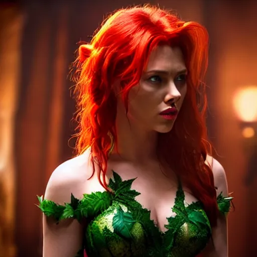 Prompt: stunning awe inspiring scarlett johansen as poison ivy, movie still 8 k hdr atmospheric lighting