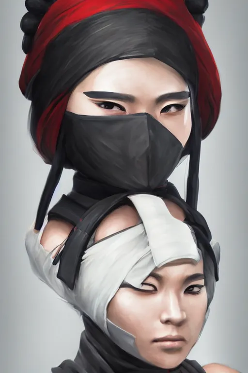 Prompt: native japanese young woman dressed like shinobi ninja, focused stare, partially masked, highly detailed, photorealistic render, digital painting, trending on artstation, character design, overcast weather