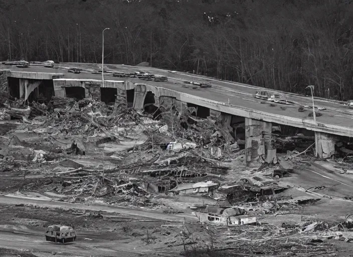 Image similar to grainy photo of the remains of an enormous destroyed freeway bridge on the new york coast after the apocalypse