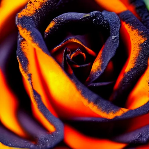 Image similar to award - winning macro of a beautiful black rose made of glowing molten magma