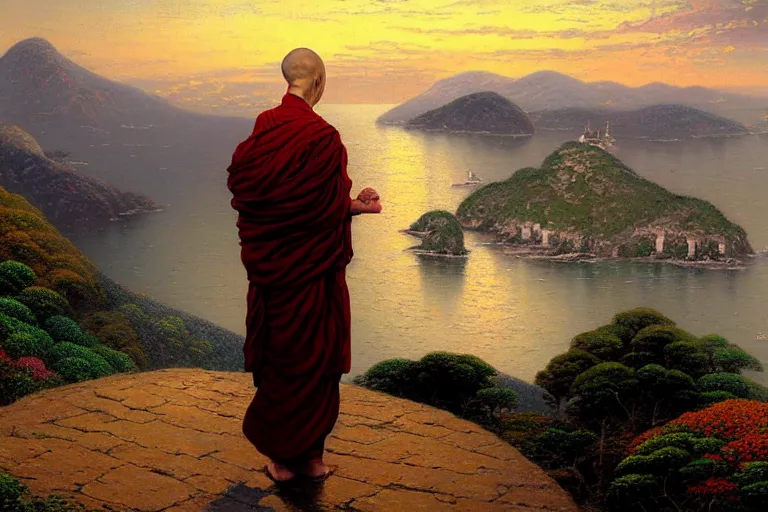 Prompt: a stunning painting of a bald woman zen monk on a seaside mountain overlook at sunset by thomas kinkade and john atkinson grimshaw, matte painting, moody palette