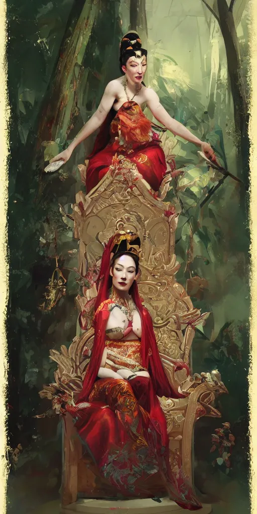 Image similar to Portrait of Stoya as a oriental queen on her throne in the forets, by Sergey Kolesov, trending on Artstation, 8k, masterpiece, graffiti paint, dishonored, fine detail, full of color, intricate detail