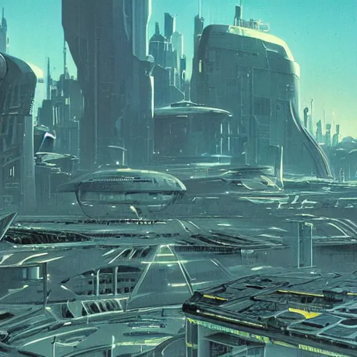 Image similar to futuristic city seen from afar from a wasteland, daylight, blue sky, cinematic lighting, blue sky, syd mead, john harris