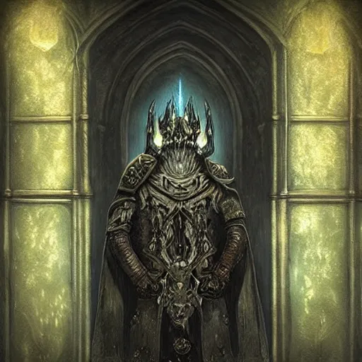 Image similar to “Portrait of the lich king in a gothic hall, high fantasy realistic painting, dramatic lighting”