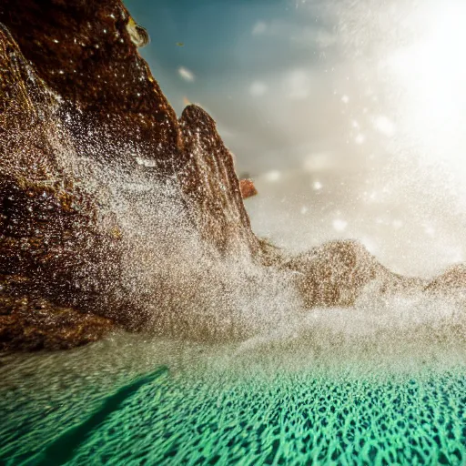 Prompt: professional underwater beach photo similar to level of donkey kong country, by discovery magazine, micro sand waves, real life, photorealistic, soft focus, long exposure