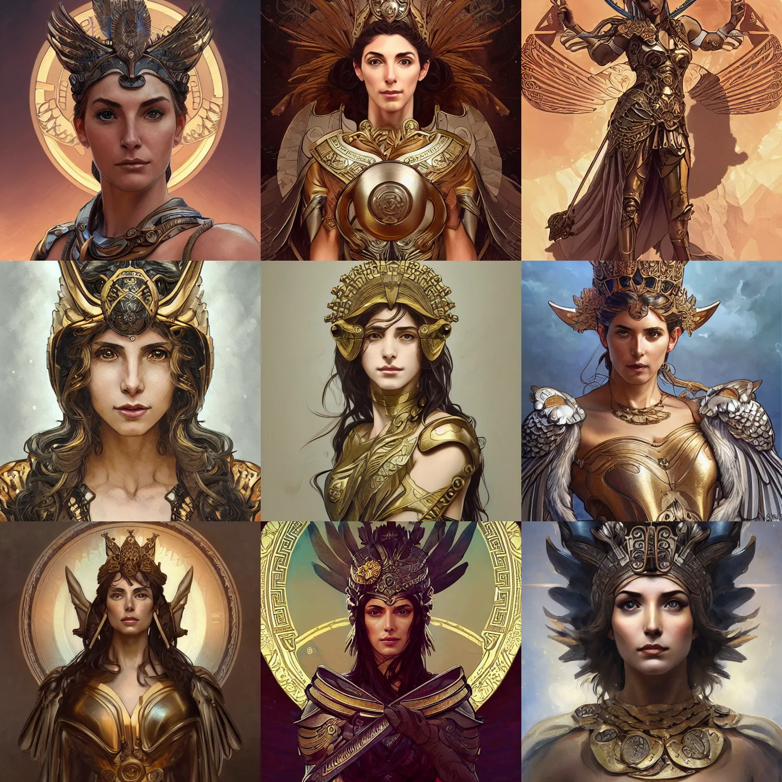 Prompt: athena, greek goddess, claudia black, art by artgerm and greg rutkowski and alphonse mucha, bronze greek armor, owl crown, d & d, fantasy, intricate, portrait, highly detailed, headshot, digital painting, trending on artstation, concept art, sharp focus, illustration