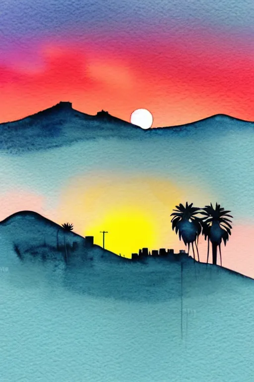 Image similar to minimalist watercolor art of los angeles at sunset, illustration, vector art