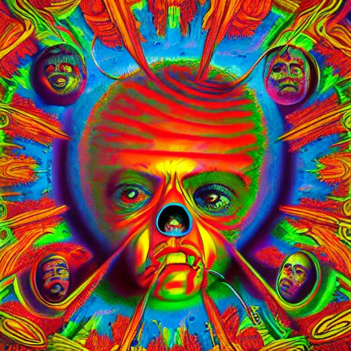 Image similar to Psychedelic LSD experience with insane trippy visuals in the style of an album cover by Mark Ryden and Alex Gross, Todd Schorr ,(highly detailed, 8k, UHD, fantasy, dream, otherworldly, bizzare, spirals)