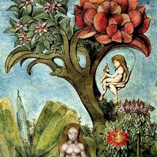 Prompt: a wild and wonderful garden, full of flowers and strange creatures, as seen from a swing hanging from a tree. art styles : renaissance, romanticism. artists : william blake, leonardo da vinci