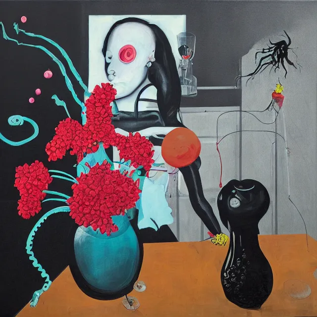 Image similar to empty room with black walls, sensual portrait of a female pathologist, broken vase of flowers and water, octopus, squashed berries, neo - expressionism, surrealism, acrylic and spray paint and oilstick on canvas