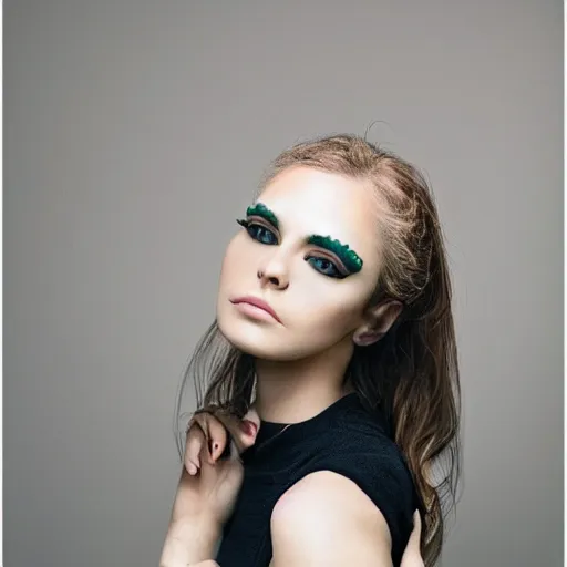 Prompt: a creative portrait of a beautiful model + pepe the frog, beauty shot, photography, makeup, female character, canon eos r 3, f / 1. 4, iso 2 0 0, 1 / 1 6 0 s, 8 k, raw, unedited, symmetrical balance, in - frame