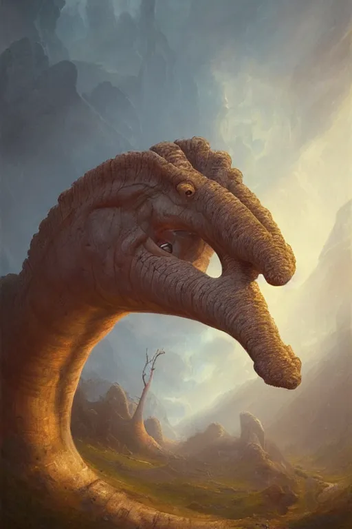 Image similar to portrait of brontosaurus by Peter Mohrbacher and Peter Gric, volumetric lighting, good composition, trending on artstation, polarizer filter, in the golden hour