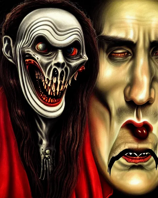 Image similar to dracula telling jokes, character portrait, close up, concept art, intricate details, highly detailed, photorealism, hyperrealism in the style of otto dix and h. r giger