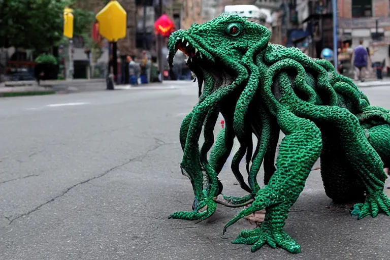 Image similar to Cthulhu, made out of Legos, walking down a city street, photo realistic