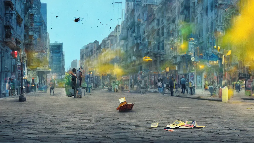 Image similar to two flies reading in the streets, antropomorphic, city landscape, lemons, daytime, colorful, depth haze, volumetric lighting, concept art, cinematic, 3 5 mm lens, 4 k