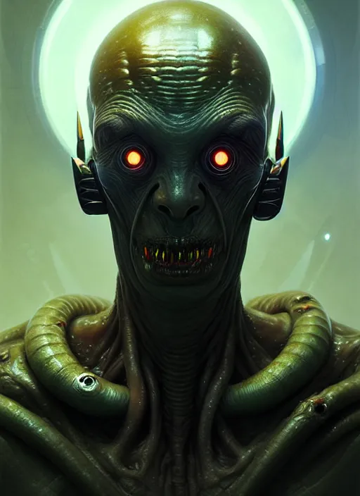 Image similar to portrait of a space alien, varying detailed skin, octane render, piercing glowing eyes, realistic render, detailed, ugly, slimy unreal engine, symmetrical!!, greg rutkowski and ruan jia, art by karol bak, makeup, cinematic