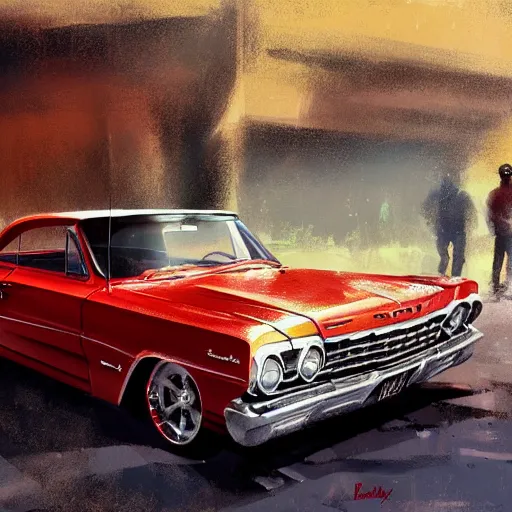 Image similar to concept art, 1 9 6 4 red impala lowrider, 8 k, by james gurney, greg rutkowski, john howe, artstation