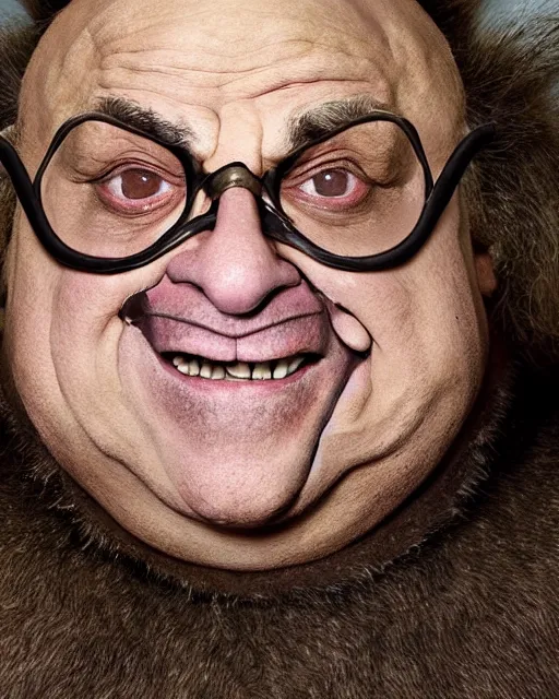 Prompt: actor Danny Devito in Elaborate Pan Satyr Goat Man Makeup and prosthetics designed by Rick Baker, Hyperreal, Head Shots Photographed in the Style of Annie Leibovitz, Studio Lighting