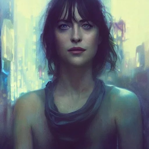 Prompt: dakota johnson, hyperrealistic portrait, bladerunner street, art of elysium by jeremy mann and alphonse mucha, fantasy art, photo realistic, dynamic lighting, artstation, poster, volumetric lighting, very detailed face, 4 k, award winning