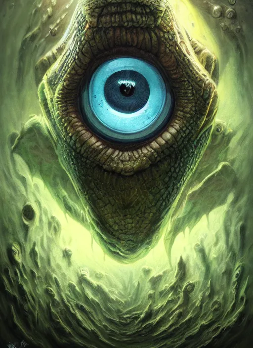 Image similar to hp lovecraft monster mf doom reptile eyes, blue skin, highly detailed, centered, digital painting, artstation, concept art, smooth, sharp focus, illustration, artgerm, tomasz alen kopera, peter mohrbacher, donato giancola, joseph christian leyendecker, wlop, frank frazetta