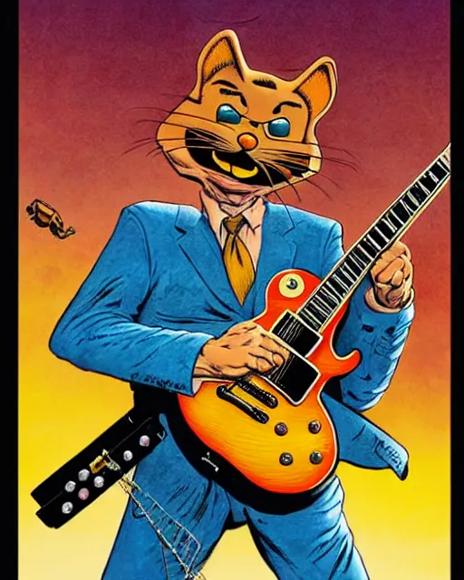 Image similar to garfield ( shredding on a gibson les paul, art by glenn fabry and frank frazetta )