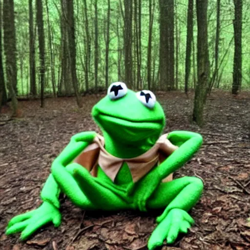 Image similar to kermit the frog on acid in the woods by john chamberlain