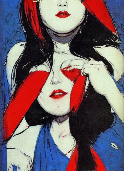 Image similar to portrait of heavyset korean vampiress, jeweled veil, blue and red, strong line, saturated color, beautiful! coherent! by frank frazetta, high contrast, minimalism