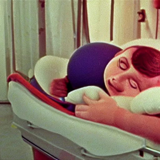 Image similar to woman who has given birth to a squishy inflatable toy, in hospital bed, Fellini film, 1974 archival footage, technicolor film expired film, 16mm, wacky children's tv